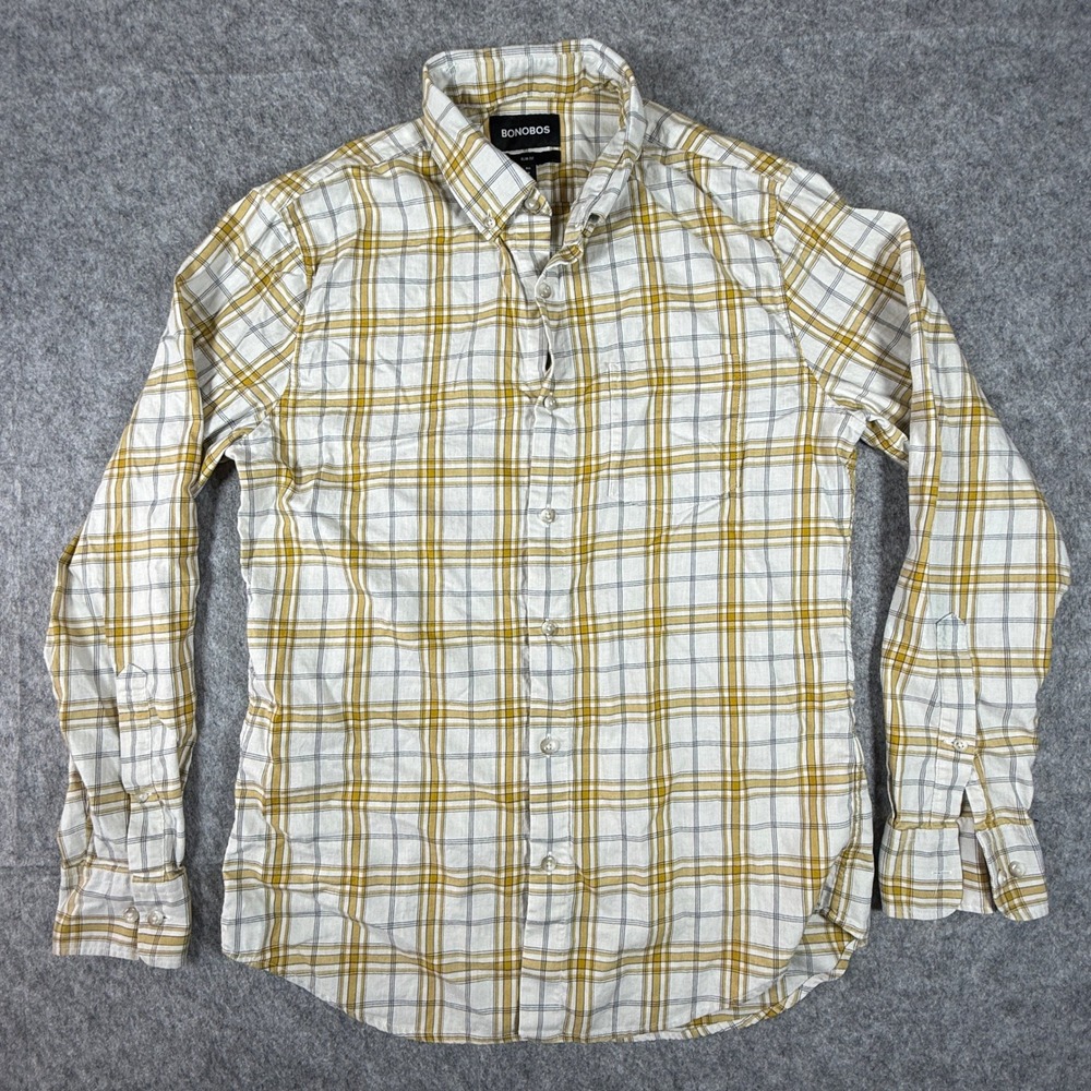 Bonobos Button Down Shirt Mens Medium Yellow White Plaid Slim Fit Long Sleeve